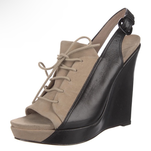 10 Crosby Derek Lam Black and Tan Wedge Heels